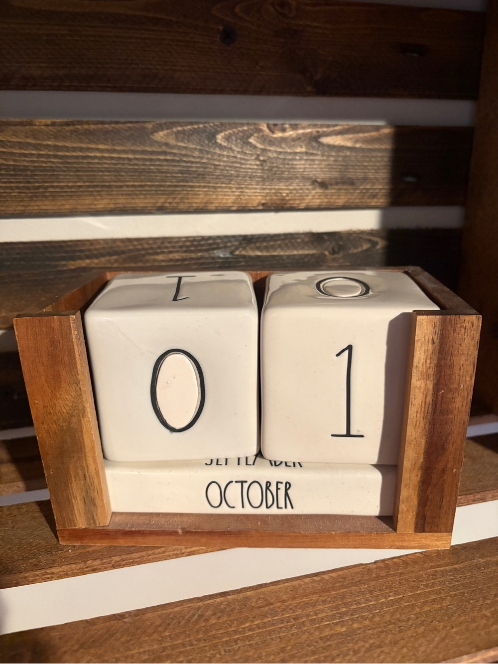 Rae Dunn White Ceramic Perpetual Calendar with Wooden Holder